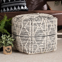 Baxton Studio Sentir-Ivory/Black-Pouf Sentir Modern and Contemporary Moroccan Inspired Ivory and Black Handwoven Wool Blend Pouf Ottomanv